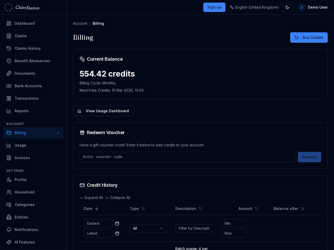 ClaimStation billing page